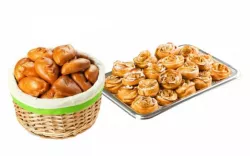 Пирожки с картофелем и зеленью, пирожки с капустой и яйцом, завитушки с яблоком 60 шт.